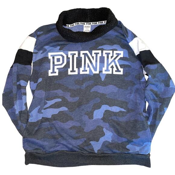 Victoria's Secret PINK Blue Camo Fleece Mock Neck Pullover Sweatshirt Medium - Picture 2 of 8